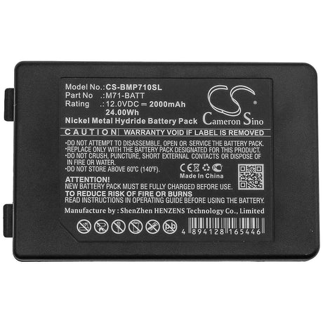 12.0V, Ni-MH, 2000mAh, Portable Printer battery fits Brady, M71-batt, Bmp71, 24Wh Portable Printer Cameron Sino Technology Limited
