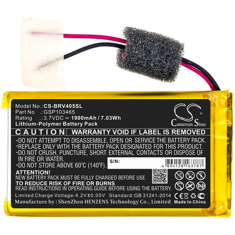 3.7V, Li-Polymer, 1900mAh, Speaker battery fits Braven, 405, 7.03Wh Speaker Cameron Sino Technology Limited