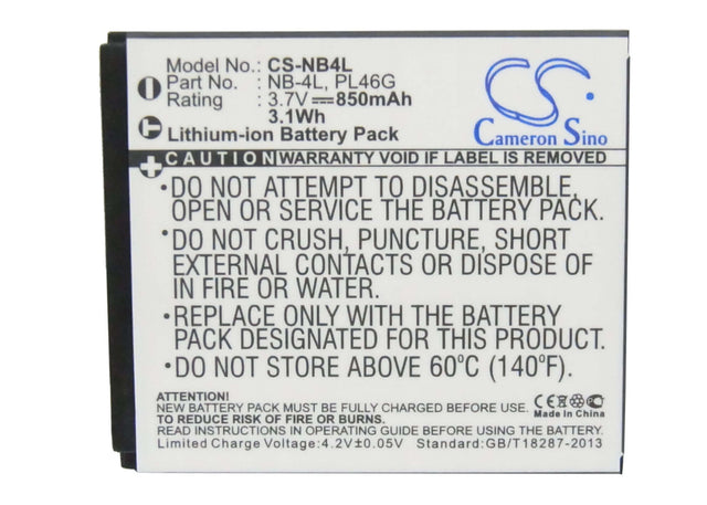 3.7V, Li-ion, 850mAh, Camera battery fits Canon, Nb-4l, Digital Ixus 100 Is, Digital Ixus 110 Is, 3.145Wh Camera Cameron Sino Technology Limited (Camera)