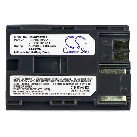 7.4V, Li-ion, 2000mAh, Camera battery fits Canon, Bp-508, Dm-mv100x, Dm-mv100xi, 14.8Wh Camera Cameron Sino Technology Limited (Camera)