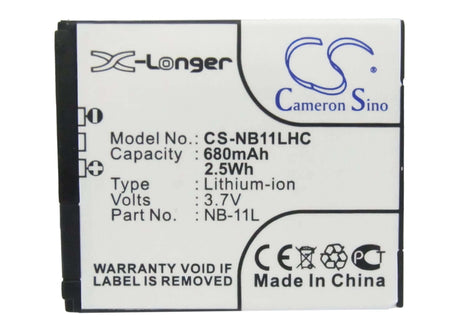 3.7V, Li-ion, 680mAh, Camera battery fits Canon, Nb-11l, Elph 110 Hs, Elph 340 Hs, 2.516Wh Camera Cameron Sino Technology Limited (Camera)