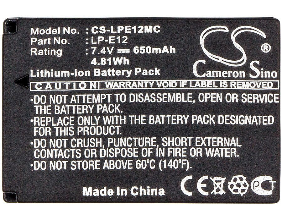 7.4V, Li-ion, 650mAh, Camera battery fits Canon, Lc-e12, Eos 100d, Eos Kiss X7, 4.81Wh Camera Cameron Sino Technology Limited (Camera)