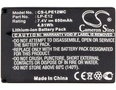 7.4V, Li-ion, 650mAh, Camera battery fits Canon, Lc-e12, Eos 100d, Eos Kiss X7, 4.81Wh Camera Cameron Sino Technology Limited (Camera)