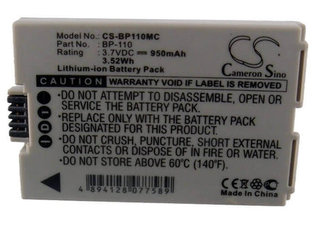 3.7V, Li-ion, 950mAh, Camera battery fits Canon, Bp-110, Legria Hf R205, Legria Hf R206, 3.515Wh Camera Cameron Sino Technology Limited (Camera)