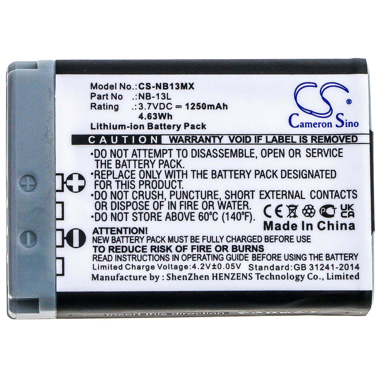3.7V, Li-ion, 1250mAh, Camera battery fits Canon, Nb-13l, Powershot G5x, Powershot G5x M2, 4.625Wh Camera Cameron Sino Technology Limited (Camera)