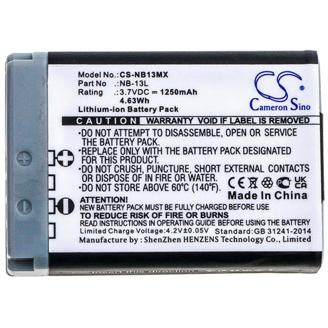3.7V, Li-ion, 1250mAh, Camera battery fits Canon, Nb-13l, Powershot G5x, Powershot G5x M2, 4.625Wh Camera Cameron Sino Technology Limited (Camera)