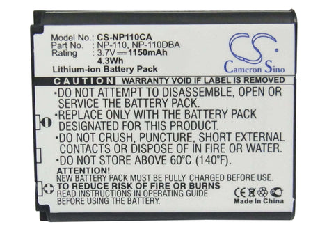3.7V, Li-ion, 1150mAh, Camera battery fits Casio, Np-110, Exilim Ex-fc200s, Exilim Ex-fc500s, 4.255Wh Camera Cameron Sino Technology Limited (Camera)