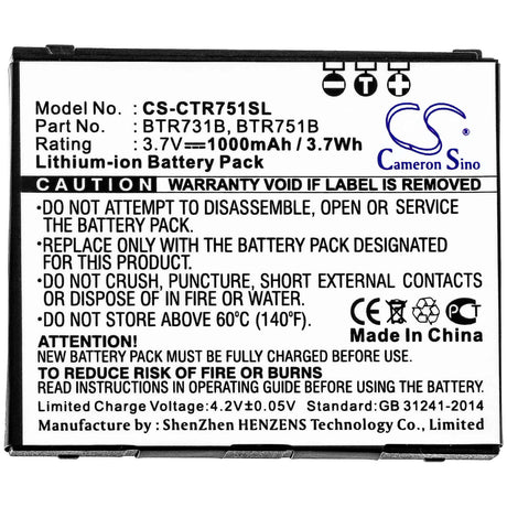 3.7V, Li-ion, 1000mAh, SmartPhone battery fits Casio, Btr731b, C731, C751, 3.7Wh Mobile, SmartPhone Cameron Sino Technology Limited (Smartphone)