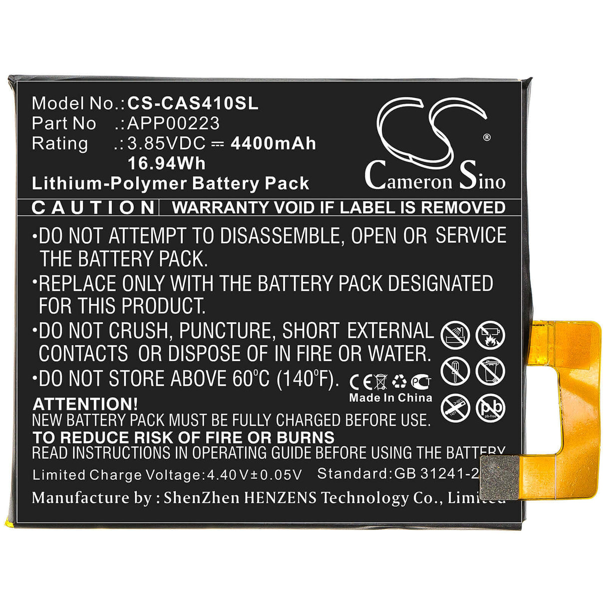 3.85V, Li-Polymer, 4400mAh, SmartPhone battery fits Cat, Caterpillar, App00223, S41, 16.94Wh Mobile, SmartPhone Cameron Sino Technology Limited (Smartphone)