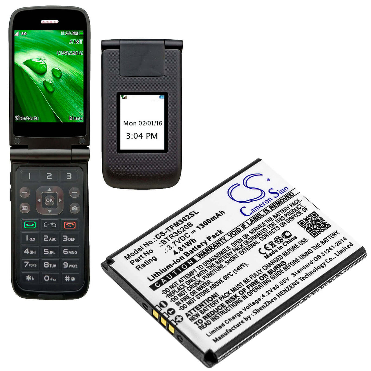 3.7V, Li-ion, 1300mAh, Batterie de SmartPhone compatible avec Cingular, Btr3620b, 3g Flip M3620, 4.81Wh Mobile, SmartPhone Cameron Sino Technology Limited (Suspendu)