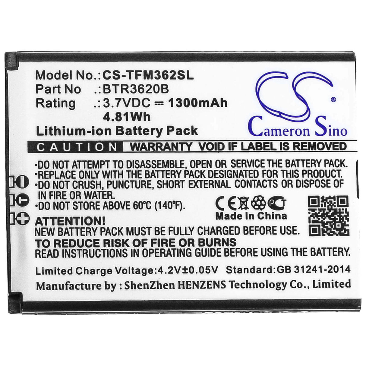 3.7V, Li-ion, 1300mAh, Batterie de SmartPhone compatible avec Cingular, Btr3620b, 3g Flip M3620, 4.81Wh Mobile, SmartPhone Cameron Sino Technology Limited (Suspendu)