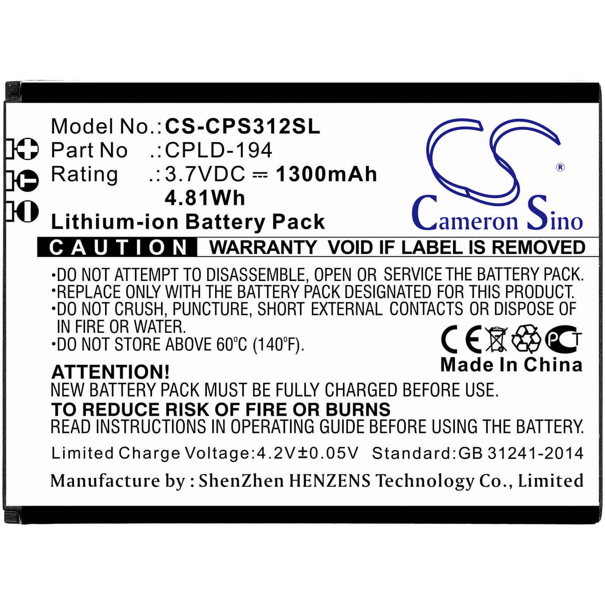 3.7V, Li-ion, 1300mAh, SmartPhone battery fits Coolpad, Cpld-194, 3312a, Snap, 4.81Wh Mobile, SmartPhone Cameron Sino Technology Limited (Smartphone)