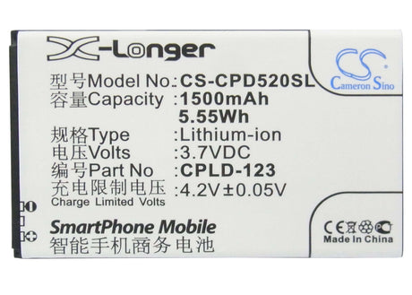 3.7V, Li-ion, 1500mAh, SmartPhone battery fits Coolpad, Cpld-123, 5200, 5.55Wh Mobile, SmartPhone Cameron Sino Technology Limited (Suspended)
