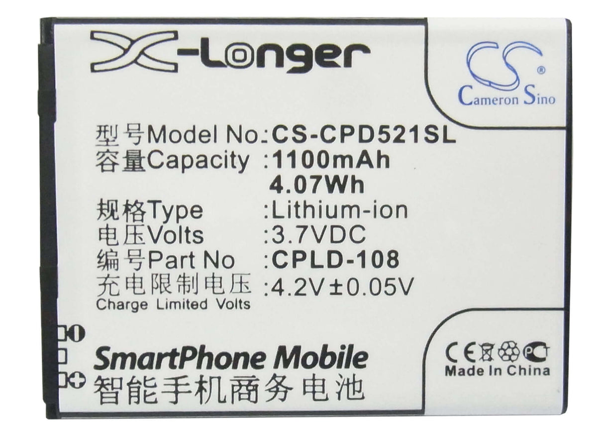 3.7V, Li-ion, 1100mAh, SmartPhone battery fits Coolpad, Cpld-108, 5210a, 5210d, 4.07Wh Mobile, SmartPhone Cameron Sino Technology Limited (Suspended)