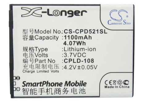 3.7V, Li-ion, 1100mAh, SmartPhone battery fits Coolpad, Cpld-108, 5210a, 5210d, 4.07Wh Mobile, SmartPhone Cameron Sino Technology Limited (Suspended)