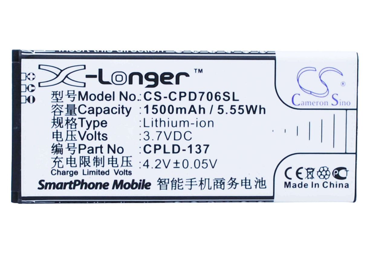 3.7V, Li-ion, 1500mAh, SmartPhone battery fits Coolpad, Cpld-137, 7060s, 5.55Wh Mobile, SmartPhone Cameron Sino Technology Limited (Smartphone)