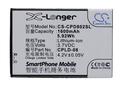 3.7V, Li-ion, 1600mAh, SmartPhone battery fits Coolpad, Cpld-08, 8020, 5.92Wh Mobile, SmartPhone Cameron Sino Technology Limited (Suspended)