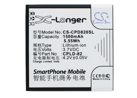 3.7V, Li-ion, 1500mAh, SmartPhone battery fits Coolpad, Cpld-82, 8026, 5.55Wh Mobile, SmartPhone Cameron Sino Technology Limited (Smartphone)