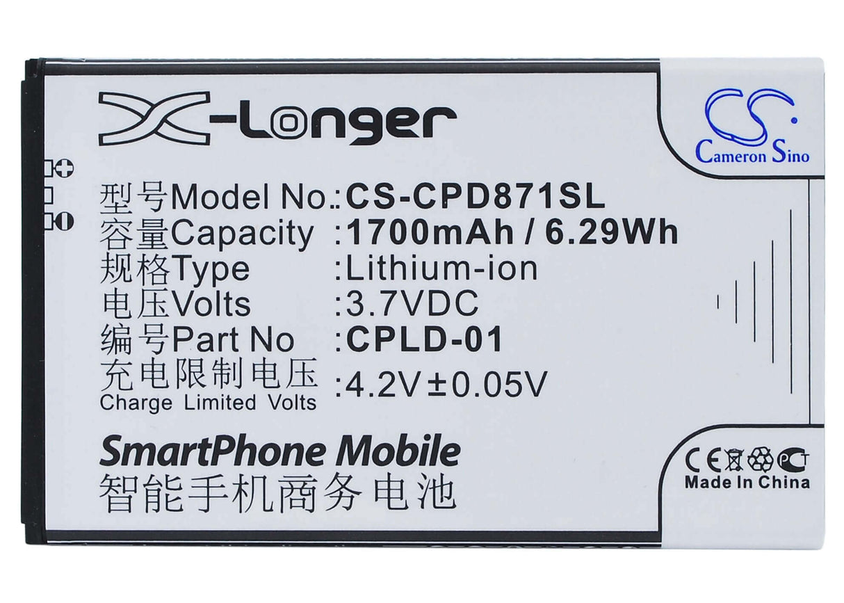 3.7V, Li-ion, 1700mAh, SmartPhone battery fits Coolpad, Cpld-01, 8710, 9120, 6.29Wh Mobile, SmartPhone Cameron Sino Technology Limited (Smartphone)