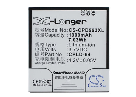 3.7V, Li-ion, 1900mAh, SmartPhone battery fits Coolpad, Cpld-64, 9930, W702, 7.03Wh Mobile, SmartPhone Cameron Sino Technology Limited (Smartphone)