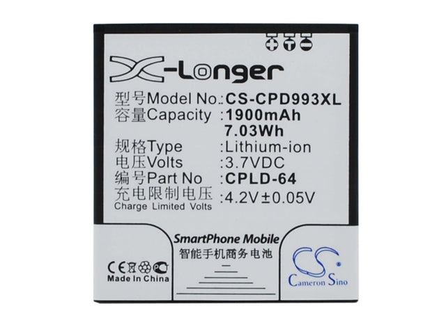 3.7V, Li-ion, 1900mAh, SmartPhone battery fits Coolpad, Cpld-64, 9930, W702, 7.03Wh Mobile, SmartPhone Cameron Sino Technology Limited (Smartphone)