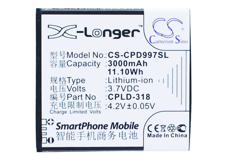 3.7V, Li-ion, 3000mAh, SmartPhone battery fits Coolpad, Cpld-318, 8970l, 9080w, 11.1Wh Mobile, SmartPhone Cameron Sino Technology Limited (Suspended)