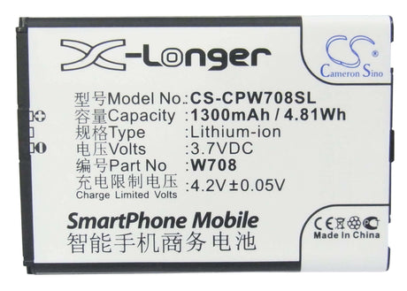 3.7V, Li-ion, 1300mAh, SmartPhone battery fits Coolpad, W708, W708, 4.81Wh Mobile, SmartPhone Cameron Sino Technology Limited (Smartphone)