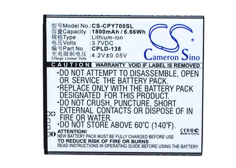 3.7V, Li-ion, 1800mAh, SmartPhone battery fits Coolpad, Cpld-138, Y60-c1, Y70-c, 6.66Wh Mobile, SmartPhone Cameron Sino Technology Limited (Smartphone)
