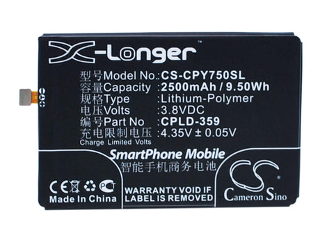 3.8V, Li-Polymer, 2500mAh, SmartPhone battery fits Coolpad, Cpld-359, T2-c01, Y75, 9.5Wh Mobile, SmartPhone Cameron Sino Technology Limited (Smartphone)