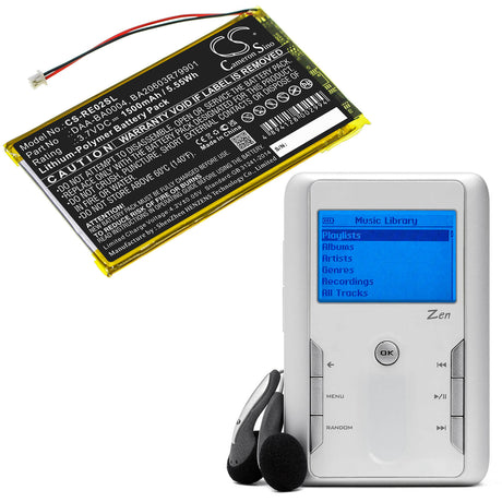 3.7V, Li-Polymer, 1500mAh, Media Player battery fits Creative, Ba20603r79901, Dap-hd0014, Labs Nomad Jukebox Zentouch, 5.55Wh Media Player Cameron Sino Technology Limited