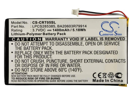 3.7V, Li-Polymer, 1400mAh, Media Player battery fits Creative, Ba20603r79914, Dvp-hd0003, Zen Vision M (60gb), 5.18Wh Media Player Cameron Sino Technology Limited