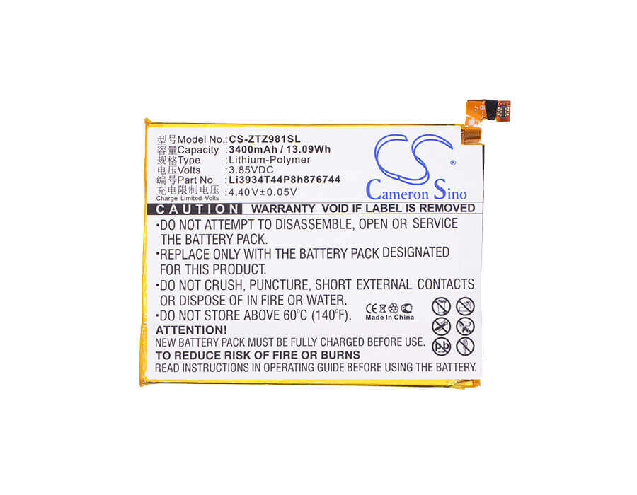 3.85V, Li-Polymer, 3400mAh, SmartPhone battery fits Metropcs, Cricket, Zte, Li3934t44p8h876744, Grand X Max 2, 13.09Wh Mobile, SmartPhone Cameron Sino Technology Limited (Smartphone)