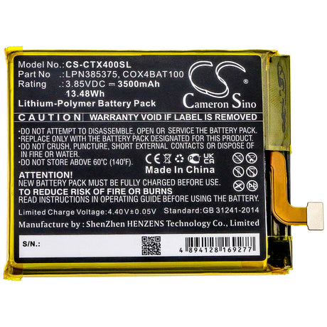 3.85V, Li-Polymer, 3500mAh, SmartPhone battery fits Crosscall, Cox4bat100, Core X4, 13.48Wh Mobile, SmartPhone Cameron Sino Technology Limited (Smartphone)