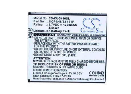 3.7V, Li-ion, 1200mAh, SmartPhone battery fits Cube1, 1icp4/48/53 1s1p, G44, G44s, 4.44Wh Mobile, SmartPhone Cameron Sino Technology Limited (Suspended)