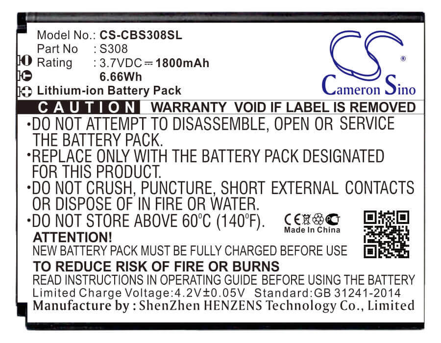 3.7V, Li-ion, 1800mAh, SmartPhone battery fits Cubot, S308, S308, 6.66Wh Mobile, SmartPhone Cameron Sino Technology Limited (Smartphone)