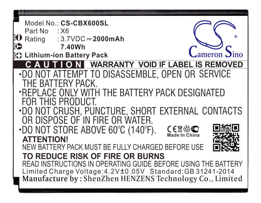3.7V, Li-ion, 2000mAh, SmartPhone battery fits Cubot, X6, X6, 7.4Wh Mobile, SmartPhone Cameron Sino Technology Limited (Suspended)