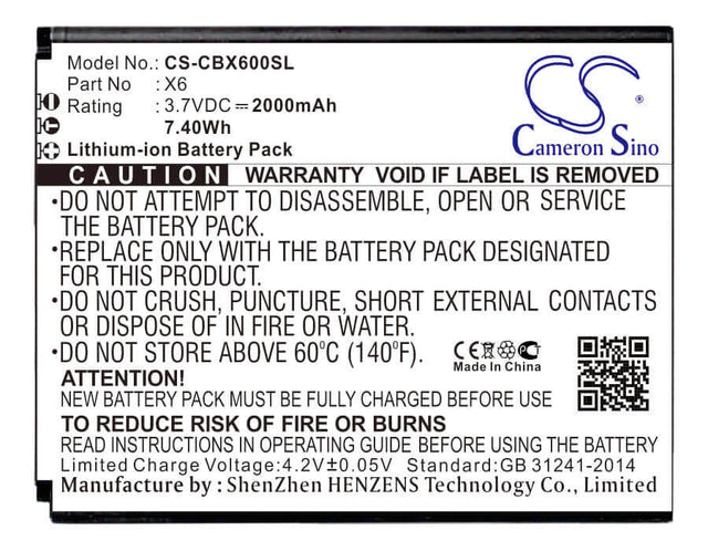 3.7V, Li-ion, 2000mAh, SmartPhone battery fits Cubot, X6, X6, 7.4Wh Mobile, SmartPhone Cameron Sino Technology Limited (Suspended)