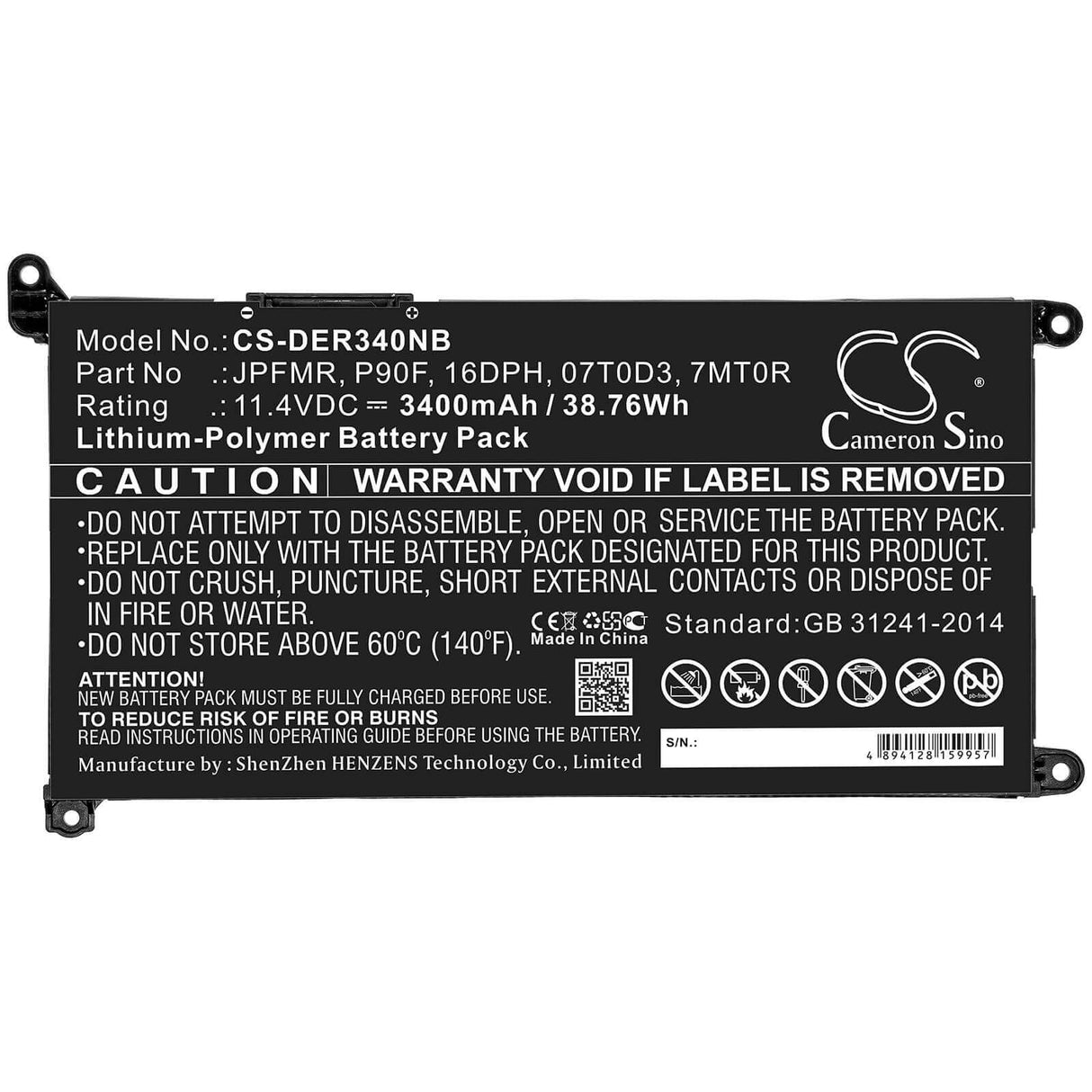 Notebook Battery For Dell, Chromebook 3400, Chromebook 5488, Chromebook 5493 11.4v, 3400mah - 38.76wh Notebook, Laptop Cameron Sino Technology Limited