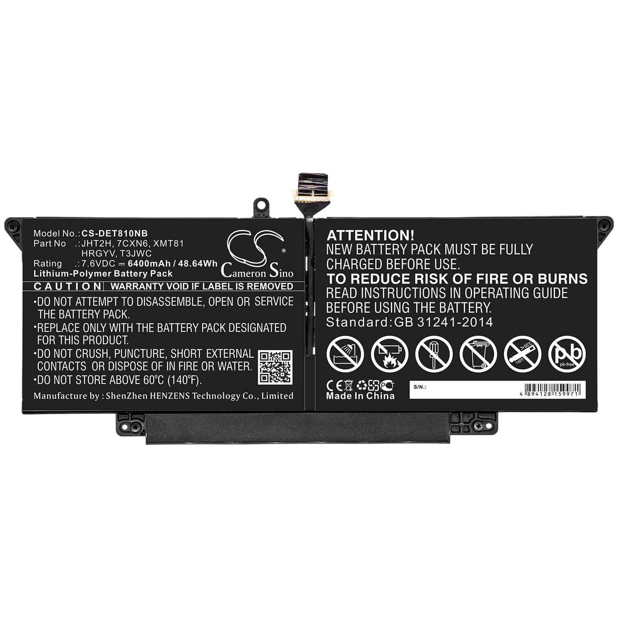 Battery For Dell, H0dn8, H0dn8+qq2-01024, Latitude 7000 7410 14" Touchscreen 2 In 1 7.6v, 6400mah - 48.64wh Notebook, Laptop Cameron Sino Technology Limited   