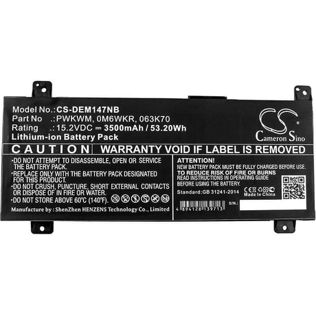 Battery For Dell, Inspiron 14 7000, Inspiron 14 7466, Inspiron 14 7467 15.2v, 3500mah - 53.20wh Notebook, Laptop Cameron Sino Technology Limited   