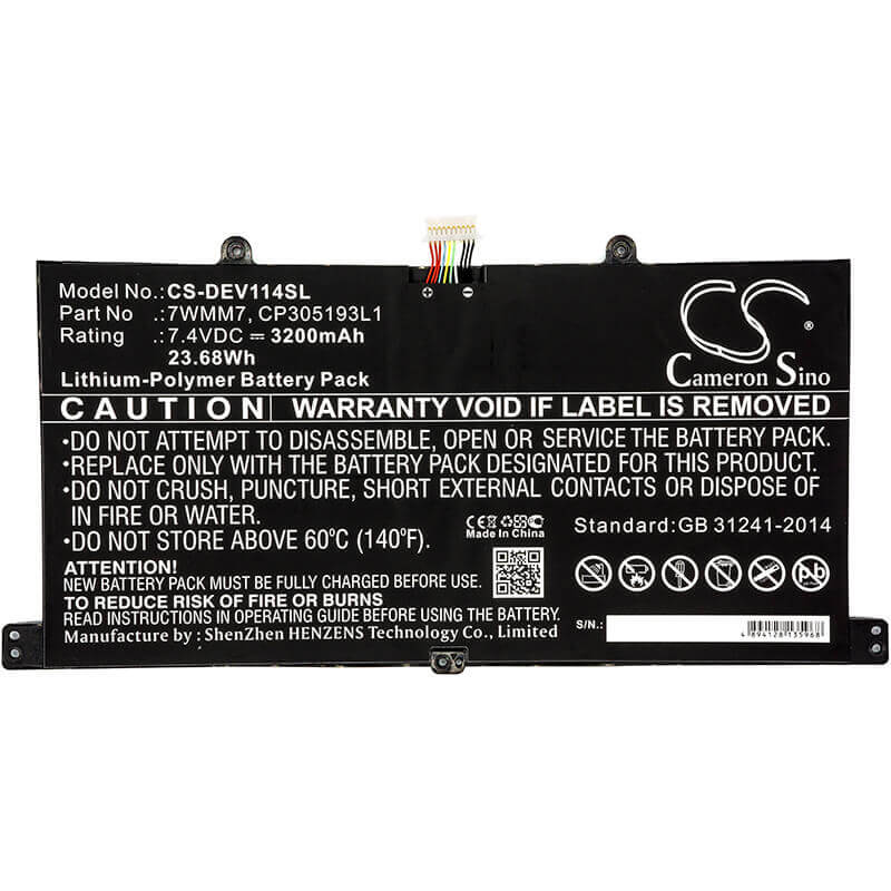 7.4V, Li-Polymer, 3200mAh, Tablet battery fits Dell, 7wmm7, Cfc6c, D1r74, 23.68Wh Tablet Cameron Sino Technology Limited