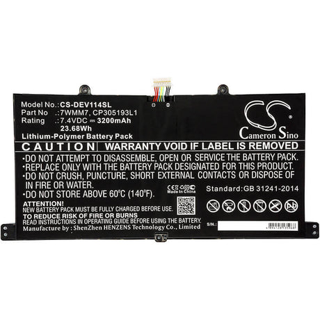 7.4V, Li-Polymer, 3200mAh, Tablet battery fits Dell, 7wmm7, Cfc6c, D1r74, 23.68Wh Tablet Cameron Sino Technology Limited
