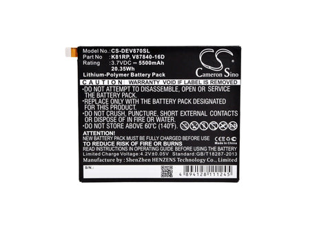 3.7V, Li-Polymer, 5500mAh, Tablet battery fits Dell, 05pd40, V87840-16d, Venue 8 7000, 20.35Wh Tablet Cameron Sino Technology Limited