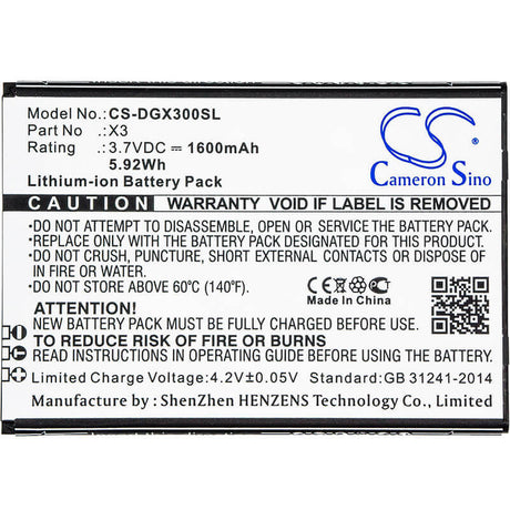 3.7V, Li-ion, 1600mAh, SmartPhone battery fits Doogee, X3, X3, 5.92Wh Mobile, SmartPhone Cameron Sino Technology Limited (Smartphone)