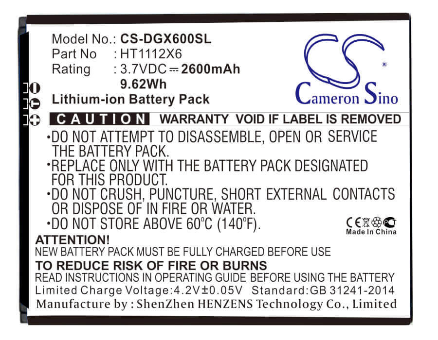 3.7V, Li-ion, 2600mAh, SmartPhone battery fits Doogee, Ht1112x6, X6, X6 Pro, 9.62Wh Mobile, SmartPhone Cameron Sino Technology Limited (Suspended)