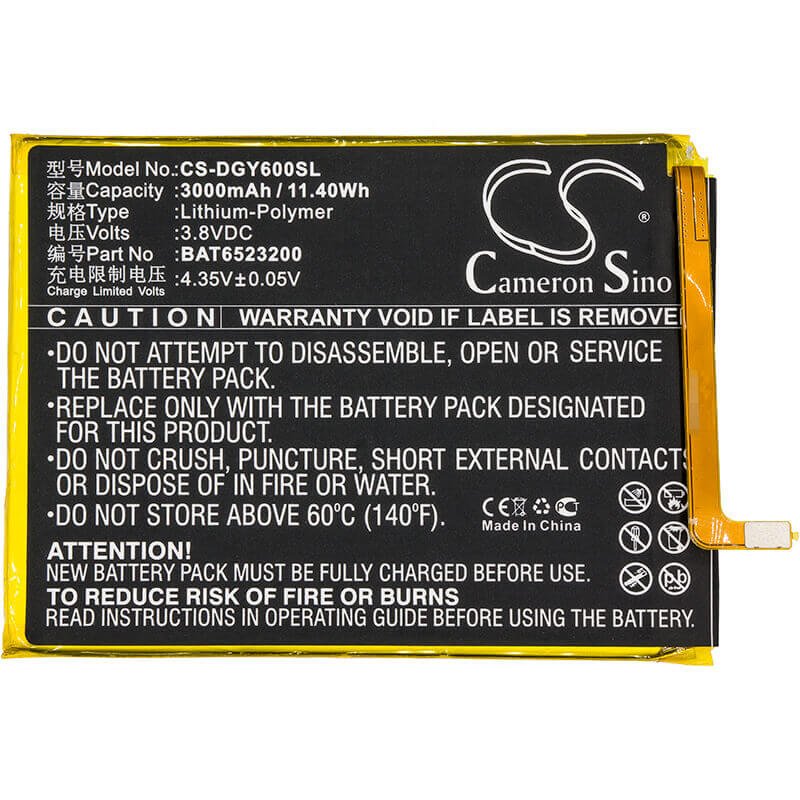 3.8V, Li-Polymer, 3000mAh, SmartPhone battery fits Doogee, Bat6523200, Y6, Y6c, 11.4Wh Mobile, SmartPhone Cameron Sino Technology Limited (Smartphone)