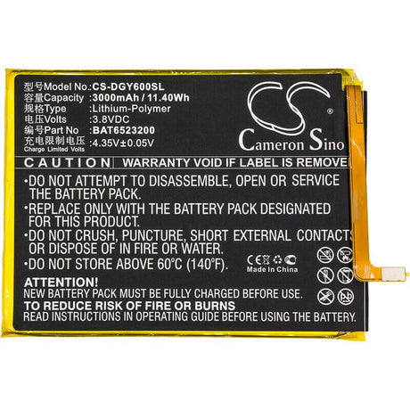 3.8V, Li-Polymer, 3000mAh, SmartPhone battery fits Doogee, Bat6523200, Y6, Y6c, 11.4Wh Mobile, SmartPhone Cameron Sino Technology Limited (Smartphone)