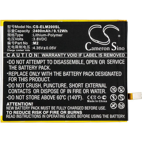 3.8V, Li-Polymer, 2400mAh, SmartPhone battery fits Elephone, M2, M2, 9.12Wh Mobile, SmartPhone Cameron Sino Technology Limited (Suspended)