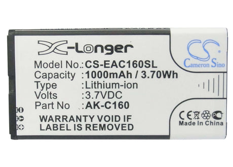 3.7V, Li-ion, 1000mAh, SmartPhone battery fits Emporia, Ak-c160, C160, C160_001_rd, 3.7Wh Mobile, SmartPhone Cameron Sino Technology Limited (Suspended)