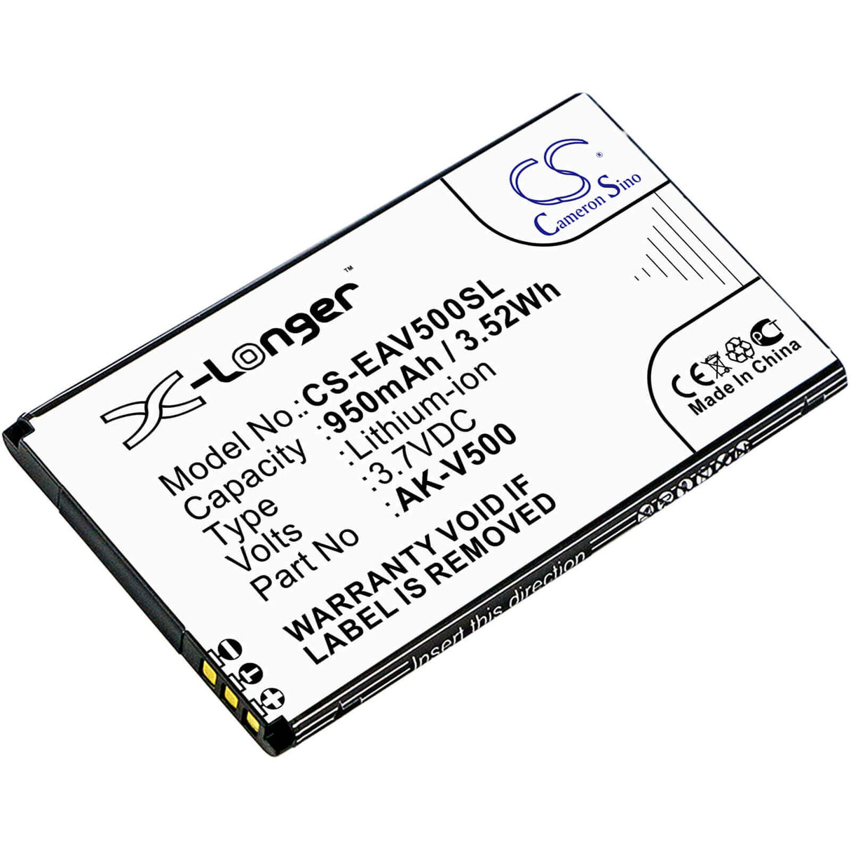 3.7V, Li-ion, 950mAh, SmartPhone battery fits Emporia, Ak-v500, Prime, Prime V500, 3.52Wh Mobile, SmartPhone Cameron Sino Technology Limited (Smartphone)